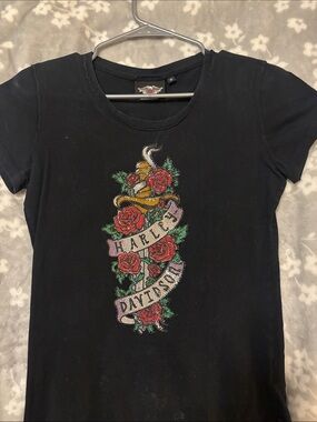 Harley-Davidson Black Tee with Red Rhinestone Rose Banner
